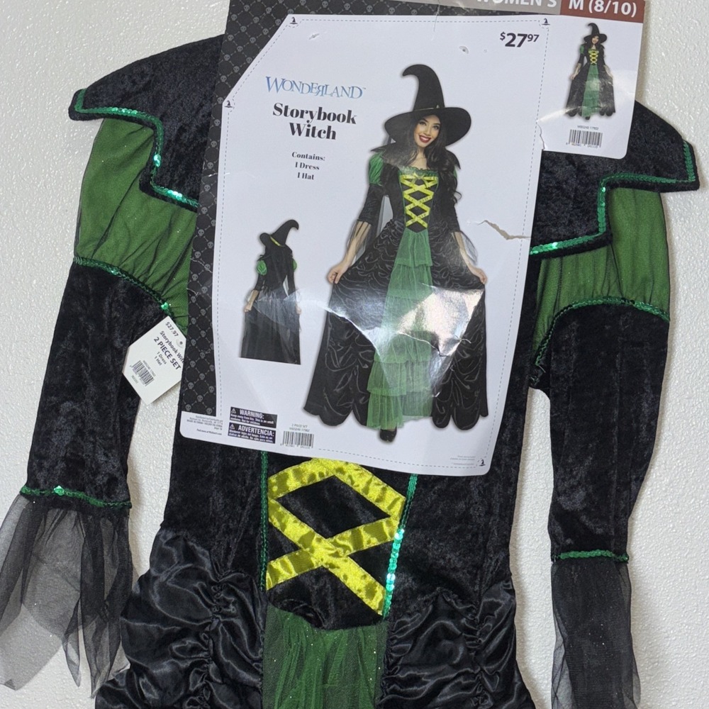 Wonderland Storybook Witch Costume Women's Size Medium 8/10 Green & Black NO HAT